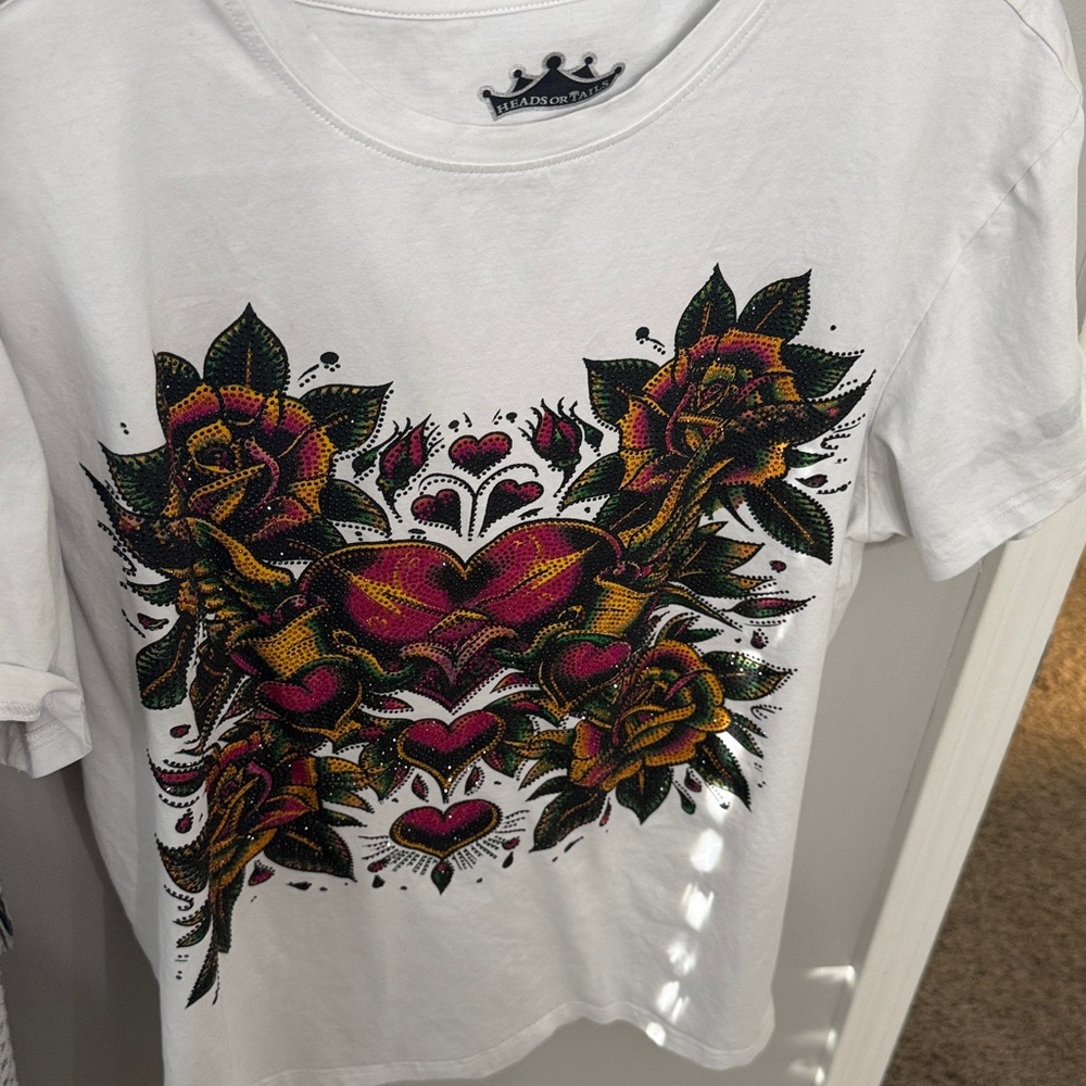White Graphic Tee with Heart and Rose Design